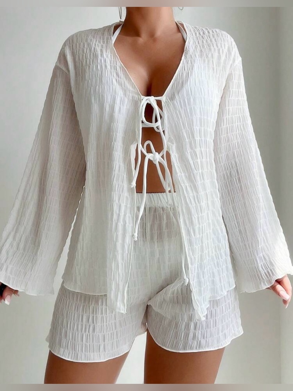 Women’s White Textured Tie-Front Swim Coverup Two Piece Set, Large Shein